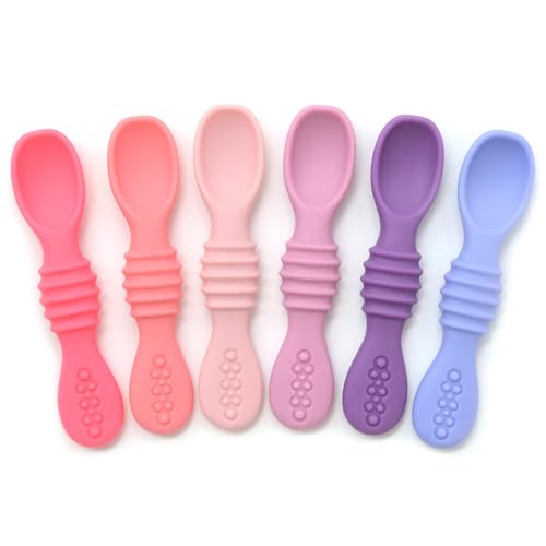 PrimaStella Silicone Chew Spoon Set for Babies and Toddlers | Safety Tested | BPA Free | Baby Spoon 6 Pack (Pink/Purple) - color: Pink/Purple