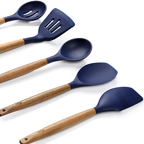 Non-Stick Silicone Kitchen Utensils Set with Natural Acacia Hard Wood Handle, 5 Piece, Midnight Blue, BPA Free, Baking & Serving Silicone Cooking Utensils - color: Midnight Blue