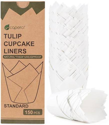 Caperci 150pcs White Tulip Cupcake Liners for Baking Parchment Muffin Cups - color: White (150-Count)