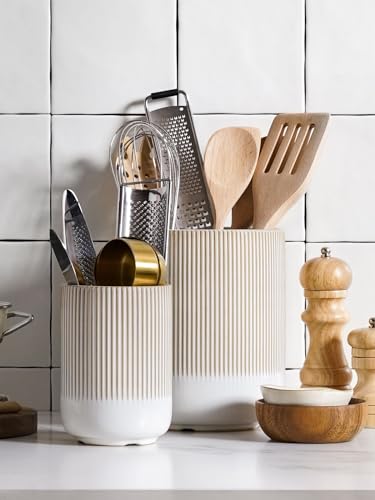 LE TAUCI Ceramic Kitchen Utensil Holder for Counter, 7.3/5.4", Warm White - color: Warm White Reactive Glaze, size: 7.3" & 5.4"