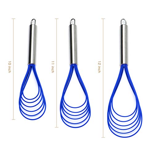 Flat Whisk Set,Stainless Steel 3 Pack 10''+11''+12'' Premium Sturdy-6 Silicone Heads Non Stick Wires Whisk for Blending Beating Stirring Kitchen Cooking by Jell-Cell (Blue) - color: Blue