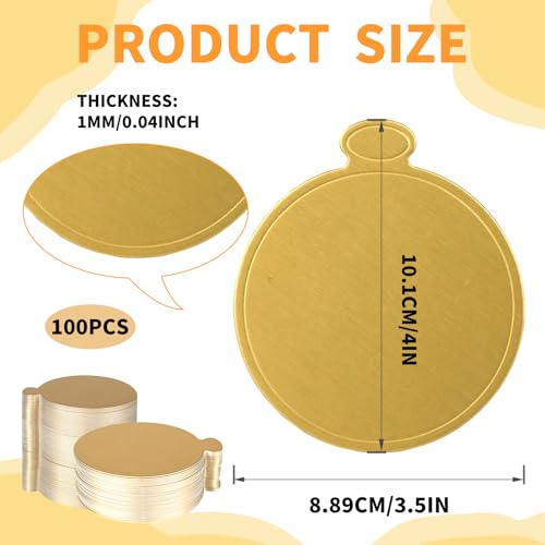 100pcs 3.5 Inch Cake Boards, Gold Round Cardboard Bases for Cupcakes, Mousse Desserts, Disposable Eco-Friendly Display Stands (9cm)