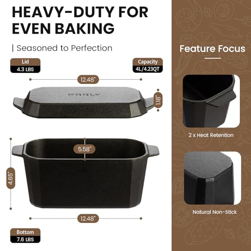 Cast Iron Bread Loaf Pan with Lid,Bread Baking Pan,Cast Iron Dutch Oven for Sourdough,10 x 5 Inch Pre-seasoned Even Heat Distribution Baking Pan for Homemade Bread - size: 10''x5.3''
