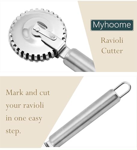 MyHoome Ravioli Cutter with 430 Stainless Steel Wheel, Ideal for Cutting, Sealing, and Crimping Fresh Pasta, Pastry Dough, pierogi and dumplings, multi pastry cutter, pastry cutter crimper. Silver.