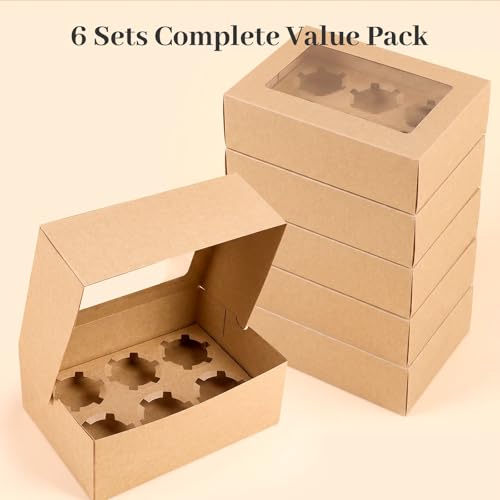 HANSGO 6 Count Cupcake Boxes,6 PCS Cupcake Containers with Window - color: Brown