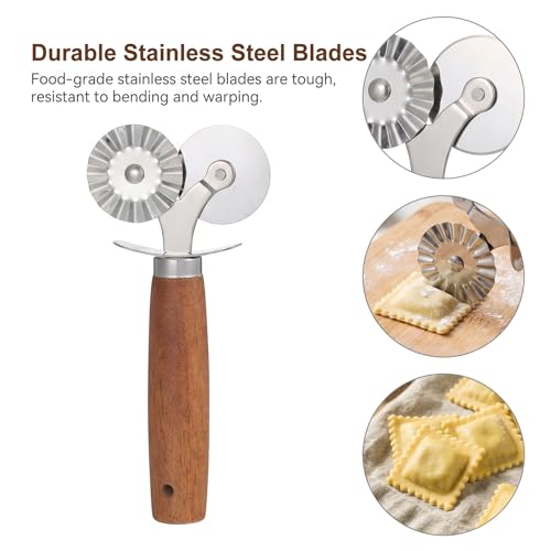 Pie Crimper, Double Headed Pastry Wheel Cutter, Dual-Head Baking Tool, Stainless Steel Ravioli Pasta Dough Cutter, 6.5" Crimper for Pie Crust Cookie Baking for Home and Kitchen Use, Wood Handle