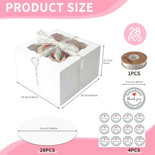 28 Sets 8x8x5 Cake Box, White Cake Box with Window 28pcs White Boxes and 28 pcs Boards, 8inch Cake Containers with Lids for Wedding, Birthday, Party.(8 * 8 * 5inch/28pcs) - size: 8*8*5inch/ 56 pcs