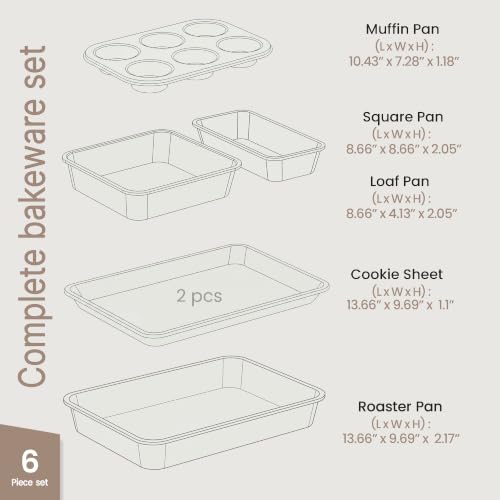 BAKKEN Nonstick Carbon Steel Bakeware Set - 6 Piece Kitchen Baking Trays, Non Toxic Stackable Oven Pans Bundle with Cookie Sheets, 6 Cup Muffin, Roaster, Square Cake, and Loaf Pan for Bread - color: Blue