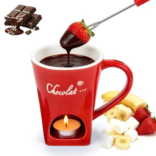 Chocolate Fondue Mug with Fork Sweet Ceramic Personal Chocolate Melting Cup Chocolate Fondue Mug Ideal Gifts for Birthday Date Night Birthday Wedding Gifts (Red) - color: Red