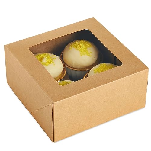Juvale Cupcake Boxes - 6 x 6 in, 24 Count, Brown - 4-Cup Insert & Clear Window Cupcake Containers & Muffin Boxes