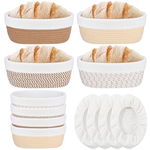 4 Pcs 10 Inch Cotton Rope Banneton Bread Proofing Basket Set Oval Banneton Basket Sourdough Bread with Liners Covers for Baking Supplies (Earth Tones) - color: Earth Tones, size: 10 Inch