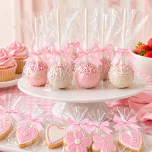 50 Pcs Twist Tie Bows for Treat Bags and Gift Wrapping, Pink - color: Pink