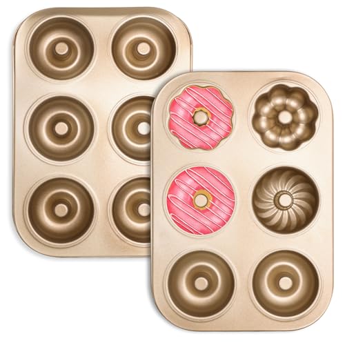 2PCS Carbon Steel 6-Cavity Donut Pan, Champagne Gold
