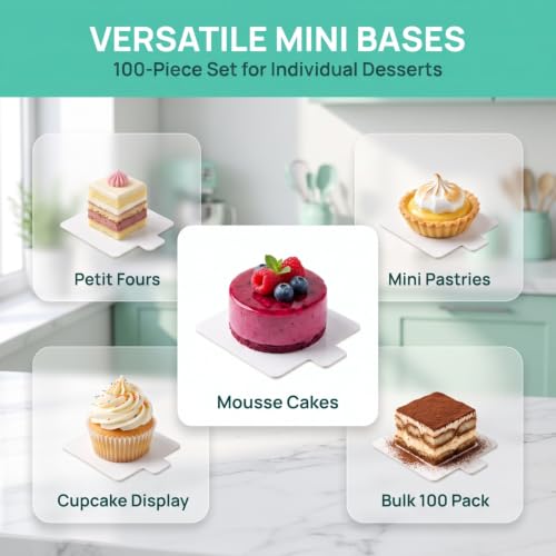 OSALADI 100 Pcs Mini Square Cake Boards, 3.74 x 2.95 Inch White Dessert Bases for Mousse Cakes, Pastries, Cupcakes and Party Treats