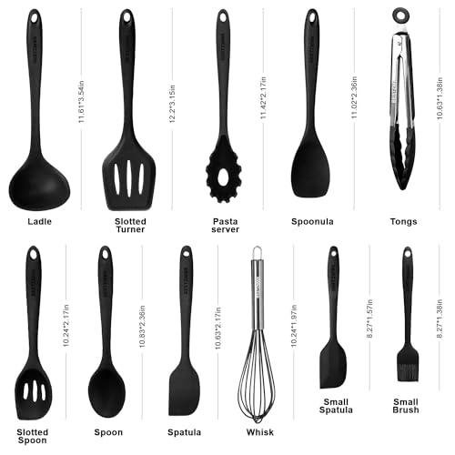 Kitchen Utensil Set - 11 Cooking Utensils - Colorful Silicone Kitchen Utensils - Nonstick Cookware with Spatula Set - Colored Best Kitchen Tools Kitchen Gadgets (Black) - color: Black