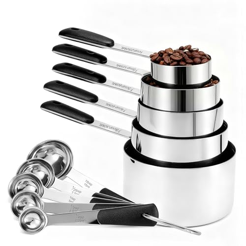 Bopei 10-Pcs Stainless Steel Measuring Cups & Spoons Set, Black Handles - color: Black