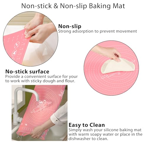 Silicone Pastry Mat 28" x 20" Extra Thick Non Stick Baking Mat with Measurements and Edge Heightening, Food Grade Silicone Rolling Mat for Pastry, Bread, Cookies, Pizza, Fondant, Pasta - Pink - color: Pink, size: 28"L x 20"W