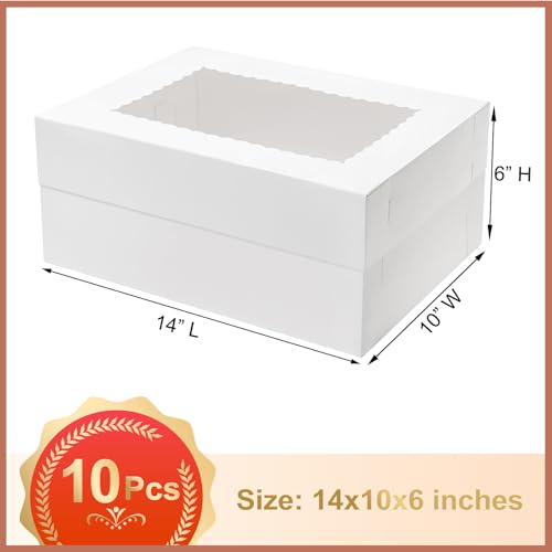 Mefleet 10pcs 14x10x6 Cake Boxes with Window Quarter Sheet Bakery Boxes