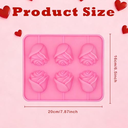 6-Cavity 3D Rose Lollipop Silicone Molds with Sticks Pink Chocolate Candy Molds for Valentine's Day Mother's Day Cupcake Decor Jelly Soap Making