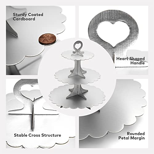 3-Tier Silver Matte Cupcake Stand 2 Pack, Cardboard Dessert Display for Weddings, Parties Events, Easy to Assemble Tiered Cake Stand - color: Silver 2 Pack