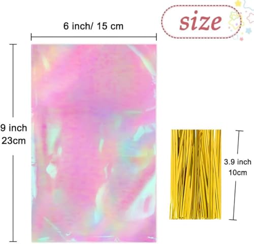 MS.YANGJI 100 PCS Cellophane Treat Bags,6x9 Inch Holographic Bags with Twist Ties,for Holiday Valentines Party Weddings Birthday Party Gift Wrapping - size: 6x9inch