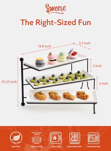 Sweese 3 Tiered Serving Stand, Foldable Rectangular Food Display Stand with White Porcelain Platters - Serving Trays, Dessert Display Server for Brithday Party, Valentine's Day and Events