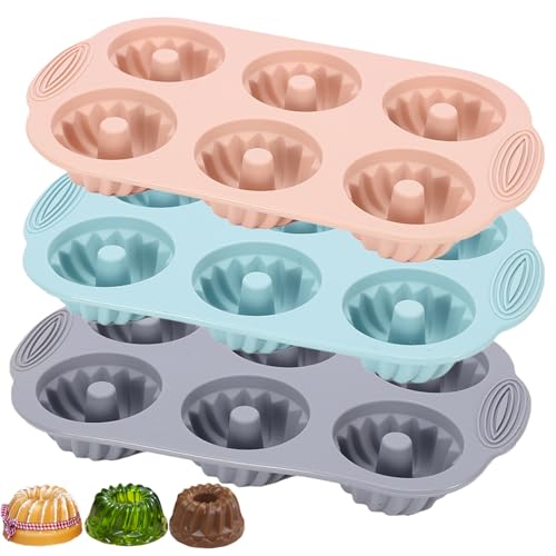 Jello Molds 3pcs Silicone Fluted Tube Cake Pans, 6 Cavity Heritage Silicone Mold for Baking Non Stick Fancy Molds (Pink+Blue+Gray, Fluted Tube) - color: Pink+Blue+Gray