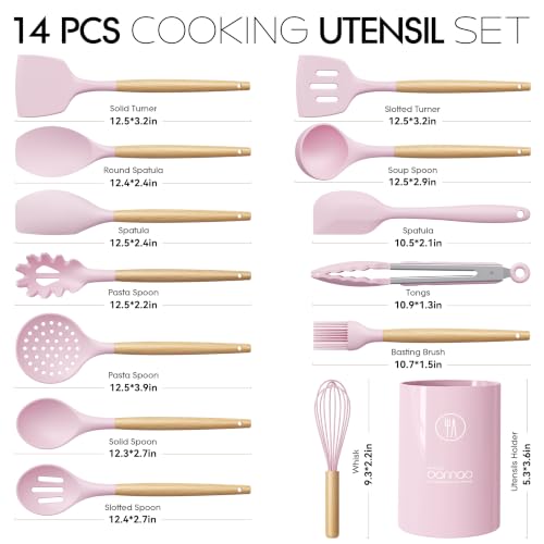 oannao Silicone Kitchen Utensils Set - 446°F Heat Resistant Cooking Utensil Sets, Spatula,Turner,Tongs,Spoon,Whisk, Wooden Handle Silicone Kitchen Gadgets Tools for Non-Stick Cookware BPA Free (Pink) - color: Pink