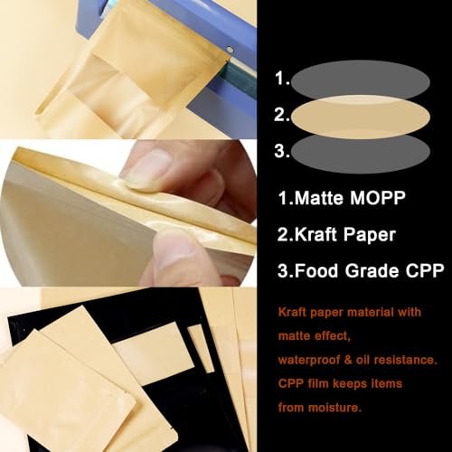 100 PCS Resealable Bags, Stand Up Kraft Paper Bags with Matte Window, Zipper Lock Food Storage Bags for Small Business and Home, 7.8x11.8 Inch Reusable Sealable Bags for Packaging - color: Yellow,7.87*11.81 inches