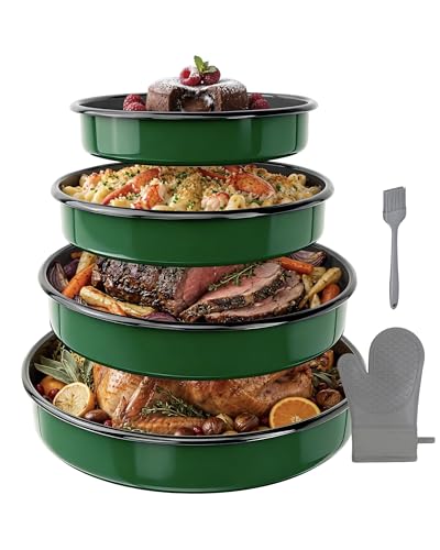 Round Turkey Roasting Pan Set of 4, Enamel Deep Dish Pizza Baking Pan - color: Green