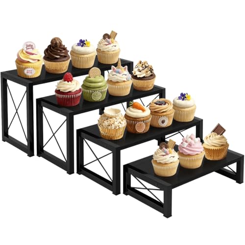 ELITEROO Wooden Risers Display Stands, 4 Tier Cupcake and Dessert Display Stand, Nesting Riser for Buffet Table for Cup Cake, Food, Collectibles, and Market Vendor Events Retail Shelf Organizer, Black - color: 4 Tier, Black