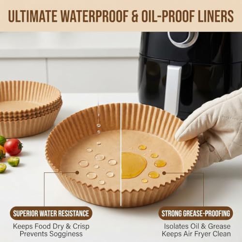 Air Fryer Liners Disposable Round. 50pcs Virgin Pulp Parchment Paper for 4qt-6qt Air Fryer. Food Grade,Non-stick, Oil-proof & Heat Resistant for Baking,Microwave,Cooking & Deep Fryer Accessories