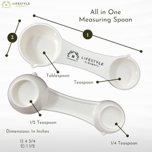 All In One Measuring Spoon Pack of 2 Includes 1 Tbsp 1 Tsp 1/2 Tsp 1/4 Tsp Measures Plastic Measuring Spoons Use for Dry Ingredients or Liquids Durable Rugged Dishwasher Safe Made in USA