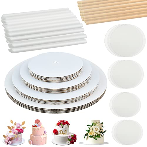 230PCS Cake Tier Stacking Kit, 12, 10, 8, 6-Inch Cakes Cardboard Rounds with Parchment & Wooden/Plastic Cake Dowels, for Wedding, Birthday Party Cakes and Dessert Displays
