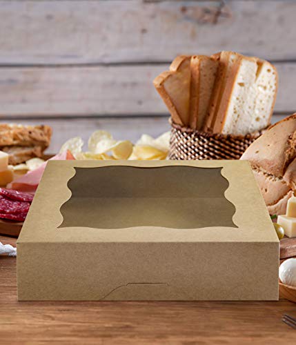 CHERRY 15-Pack 10"x10"x3"Brown Bakery Boxes with PVC Window for Pie and Cookies Boxes Large Natural Kraft Paper Box 10x10x3inch (Brown, 15)