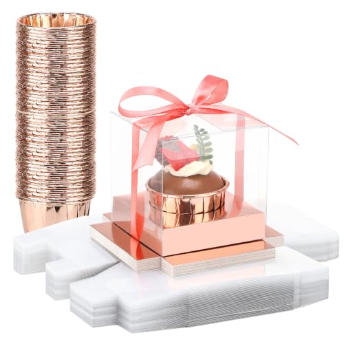 EUSOAR Clear Cupcake Boxes with Cupcake Liners, 50pcs 3.5 Inch Cupcakes Holder and 50pcs 3.5oz Baking Cup, Single Dessert Pastry Box Cupcakes Containers Disposable for Wedding Party Favor Bakery - color: Rose Gold