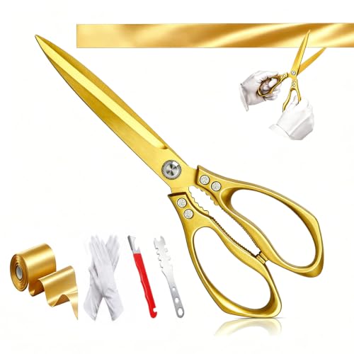 Grand Opening Ribbon Cutting Ceremony Kit –10.8" Giant Gold Scissors, 31 ft x 4“ Gold Ribbon,White Gloves,Tension Wrench & Sharpener (Gold Ribbon) - color: Gold