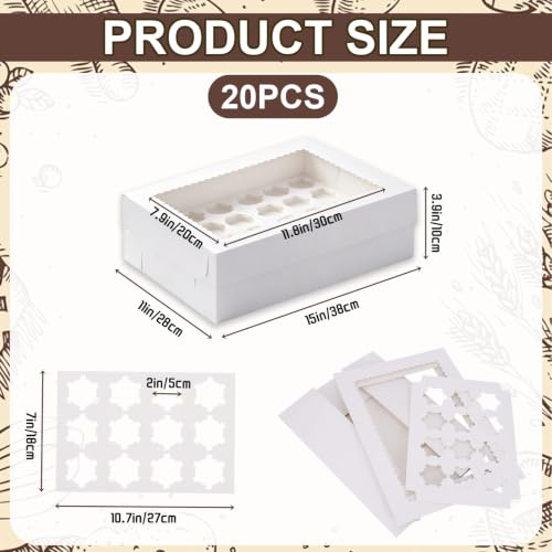 20 Pack Cupcake Boxes, 24 Count White Standard with Window & Inserts, Easily Assemble Food Grade Cupcake Boxes with Clear Window for Weddings, Birthdays & Home Storage - color: White (20 Pack)