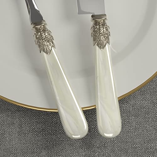 Wedding Cake Knife and Serve Set, Fancy Hand Craft Italian Style Design, Pearl Pie Knife Server Set, Vintage Silverware,Cake Cutter Set, Cake Knife Gift Set, 2 pcs (White) - color: White