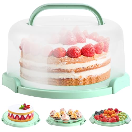 Cake Carrier with Lid and Handle, Ohuhu BPA-Free Cake Containers Cake Holder for 10 inch Cake with 2 Handle Cupcake Carrier - Plastic Cover Two Sided Base for Transport Pie Nut Fruit Mothers Day Gifts - color: Green