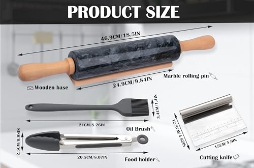 Marble Rolling Pin Set with Silicone Pastry Mat,Pastry Brush,Cooking Tongs,Stainless Steel Scraper18.5 inch Polished Non-Stick Roller for Pizza Dough,Fondant,Pie Crust(Gray Black) - color: Black Set
