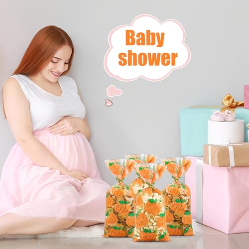 peony man 120 Pcs Fall Cellophane Treat Bags Fall Pumpkin Candy Bags Glitter Autumn Plastic Goodie Treat Bag Clear Thanksgiving Gift Bag with Twist Ties for Autumn Harvest Thanksgiving Party Supplies