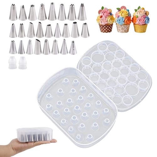 25pcs Piping Tips, Include 2pcs Adapters & Piping Tip Organizers Box Reusable Cake Decorating Kit 27 Grids Baking Organizer Compartment for Cream Cupcake Cookie DIY