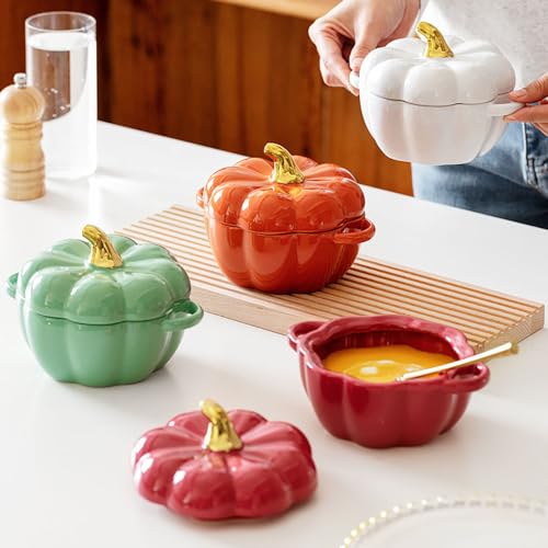 Pumpkin Bowl Set with Lid and Handle, Set of 2 Ceramic Ramekins for Baking, Casserole Dish Individual Severing Pot, Stoneware, Oven Safe, 14 Oz (Green) - color: Green
