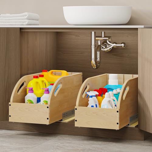 WelFurGeer Birchwood Pot and Pan Organizer with Soft-Close Drawer, Pull Out Cabinet Organizer, Heavy-Duty Slide-Out Storage for Baking Sheets, Cutting Boards, and Kitchen Utensils - size: 10"W X 21"D