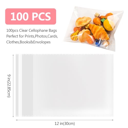 Docvania 100 Pcs 9x12 in Clear Cellophane Bags Self Sealing Resealable Adhesive Plastic Bags for Tshirt Package, Transparent Gift Bags for Clothing, Merchandise, Crafts,Party Favors - size: 9x12 Inch (Pack of 100)