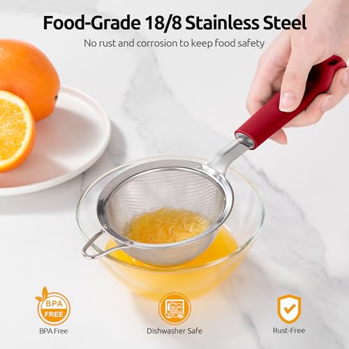 U-Taste Fine Mesh Strainer, 18/8 Stainless Steel Sieve 30 Mesh, S/Red - color: (4) Red, size: S-3.35in