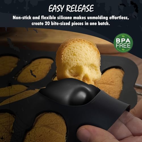 HKNMTT Skull Silicone Molds for Halloween Baking Pizza Cake Pan Small Spooky Head Tray Reusable Food Grade Nonstick Bakeware for Oven Safe Horror Treats 6 Cavity Skeleton Mould - style: Skull - 2.75 inch