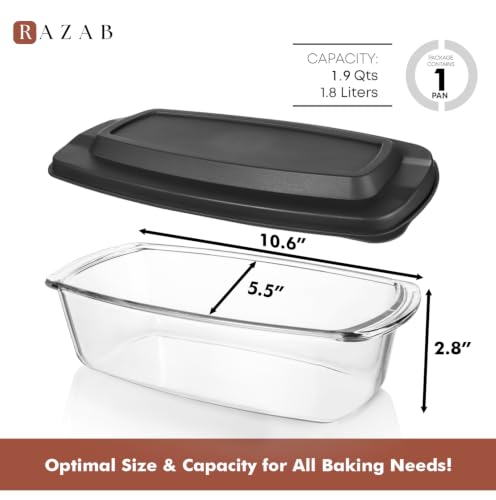 Razab 7.6 Cups / 1800 Ml / 1.9 Qt Large Glass Loaf Pan with Lids for Baking - color: Black, size: Set of 01