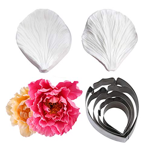 KALAIEN 5pcs Stainless Steel Peony Cutter 2pcs Fondant Silicone Mold - color: Peony Set(7pcs)